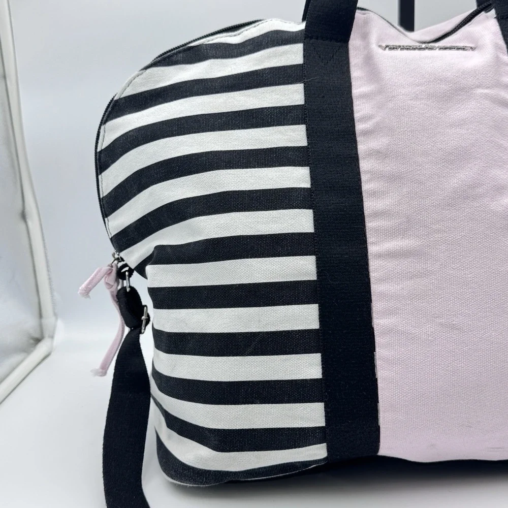 Victorias Secret Overnight Duffle Bag Weekend Tote VS Pink Black Stripe Crossbod